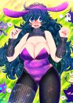  1girl animal_ears bare_shoulders black_hair blue_eyes blush breasts bunny_ears bunnysuit cleavage curvy hakkasame hex_maniac_(pokemon) large_breasts npc_trainer open_mouth plump pokemon pokemon_(game) pokemon_xy smile solo thick_thighs thighs wide_hips 