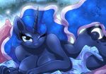  &lt;3 2018 anthro bed bedding blanket breasts cosmic_hair cute cutie_mark equine eyelashes eyeshadow female friendship_is_magic hair horn joakaha long_hair looking_at_viewer lying makeup mammal mascara my_little_pony nipples nude on_bed one_eye_closed portrait presenting princess_luna_(mlp) signature smile solo teal_eyes wink 