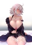  ahoge bangs biting black_dress black_panties blue_coat blush breasts coat collarbone commentary cum cum_on_body cum_on_lower_body dress embarrassed fate/grand_order fate_(series) fur-trimmed_coat fur_trim hair_between_eyes highres hips huge_breasts jeanne_d'arc_(alter)_(fate) jeanne_d'arc_(fate)_(all) jewelry lip_biting looking_to_the_side necklace off_shoulder on_bed panties short_dress short_hair silver_hair sitting solo strap_slip thighs try underwear undressing upskirt wicked_dragon_witch_ver._shinjuku_1999 yellow_eyes zipper 