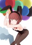  animal_ears arms_up balloon black_leotard bow bowtie brown_eyes brown_hair brown_legwear bunny_ears bunny_tail bunnysuit detached_collar fuyube_gin_(huyube) kantai_collection leotard looking_at_viewer pantyhose red_neckwear shadow short_hair solo strapless strapless_leotard tail wrist_cuffs z3_max_schultz_(kantai_collection) 