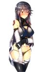  alternate_costume arm_strap arm_wrap armpit_crease bandaged_arm bandages bangs bare_shoulders belt black_hair black_legwear black_panties blush breasts brown_eyes buckle cleavage cleavage_cutout closed_mouth cosplay cowboy_shot embarrassed eyebrows_visible_through_hair fate/apocrypha fate_(series) fingerless_gloves flying_sweatdrops gloves groin hair_between_eyes hair_ornament hairclip haruna_(kantai_collection) highres holding_own_arm jack_the_ripper_(fate/apocrypha) jack_the_ripper_(fate/apocrypha)_(cosplay) kantai_collection large_breasts long_hair looking_away lowleg lowleg_panties navel panties remodel_(kantai_collection) sidelocks simple_background skindentation sleeveless_jacket solo stomach sweatdrop thighhighs thighs tsukui_kachou underwear white_background 