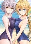  3: ahoge bangs beach blonde_hair blue_eyes blush braid breast_press breasts cleavage cloud cloudy_sky collarbone commentary_request competition_school_swimsuit cowboy_shot day eyebrows_visible_through_hair fate/grand_order fate_(series) hair_ribbon holding_hands jeanne_d'arc_(alter)_(fate) jeanne_d'arc_(fate) jeanne_d'arc_(fate)_(all) kotatsu_(kotatsu358) large_breasts long_hair multiple_girls ocean one-piece_swimsuit ribbon sideboob silver_hair sky swimsuit v-shaped_eyebrows yellow_eyes 