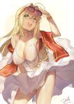  ahoge bianyuanqishi blonde_hair blush bracelet breasts cleavage cosplay dress earrings eyewear_on_head fate/grand_order fate_(series) green_eyes hair_intakes highres jewelry large_breasts long_hair marilyn_monroe marilyn_monroe_(cosplay) nero_claudius_(fate) nero_claudius_(fate)_(all) open_mouth shawl signature simple_background smile solo sunglasses white_background white_dress 