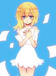  anoko_(darenokoanoko) bangs bare_arms bare_shoulders blonde_hair blue_background blue_eyes cowboy_shot dress hair_between_eyes kingdom_hearts long_hair looking_at_viewer namine open_mouth paper short_dress solo strap_slip thigh_gap white_dress 