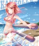  ahoge alternate_breast_size alternate_costume bangs beach bikini blue_sky breasts cleavage clothes_writing commentary day hair_ornament highres i-58_(kantai_collection) kantai_collection looking_at_viewer medium_breasts navel ocean open_mouth pink_hair red_eyes seiya_(iiseven) short_hair side-tie_bikini sky solo swimsuit torpedo umbrella 