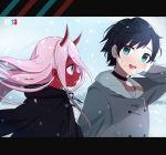  1boy 1girl black_cloak black_hair cloak coat commentary couple darling_in_the_franxx fur_trim grey_coat highres hiro_(darling_in_the_franxx) hood hooded_cloak horns long_hair oni_horns parka pink_hair red_horns red_pupils red_sclera short_hair spoilers tomato_omurice_melon winter_clothes winter_coat younger zero_two_(darling_in_the_franxx) 