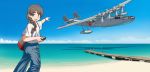  aircraft airplane bag blue_sky braid brown_eyes brown_hair camera cloud day denim dock feet_out_of_frame flying_boat h6k hair_over_shoulder highres horizon jeans kantai_collection long_hair open_mouth outdoors pants pointing porusasu shadow shirt single_braid sky solo thick_eyebrows uranami_(kantai_collection) white_shirt 
