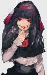  1girl bangs black_hair blunt_bangs chikage_(chi_g0) commentary covering_mouth eyebrows_visible_through_hair grey_background hairband highres holding long_hair long_sleeves looking_away looking_to_the_side original red_eyes red_hairband simple_background solo standing upper_body 