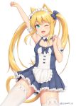  1girl ;d animal_band_legwear animal_ear_fluff animal_ears animal_print apron aqua_eyes arm_up bare_shoulders blonde_hair blush bow breasts cat_band_legwear cat_ears cat_print cat_tail contrapposto detached_collar dress eyebrows_visible_through_hair frilled_dress frills gluteal_fold hair_bow long_hair looking_at_viewer one_eye_closed open_mouth original sasaame short_dress sidelocks simple_background sleeveless sleeveless_dress smile solo standing tail thighhighs twintails twitter_username very_long_hair white_background white_legwear 
