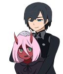  1girl bangs black_bodysuit black_cloak black_hair blue_eyes bodysuit child cloak commentary_request couple darling_in_the_franxx ericgod38 gloves green_eyes hand_on_another's_head hetero hiro_(darling_in_the_franxx) hood hooded_cloak horns hug hug_from_behind long_hair oni_horns parka pilot_suit pink_hair red_horns red_pupils red_sclera red_skin white_gloves zero_two_(darling_in_the_franxx) 