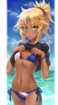  :p bangs bikini black_shirt blonde_hair blue_bikini blue_sky blush braid breasts cloud commentary_request cowboy_shot dark_skin day eyebrows_visible_through_hair fate/grand_order fate_(series) french_braid highres looking_at_viewer mordred_(fate)_(all) mordred_(swimsuit_rider)_(fate) navel ocean outdoors parted_bangs ponytail revision shirt shirt_lift short_hair short_sleeves side-tie_bikini sky small_breasts solo standing swimsuit tonee tongue tongue_out wet 
