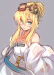  blonde_hair blue_eyes detached_collar detached_sleeves elsword eyebrows_visible_through_hair glasses goggles goggles_on_head hair_bun korean_clothes metal_heart_(elsword) rose_(elsword) smile traditional_clothes wanko_(takohati8) 