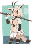  ? absurdres animal_ears antenna_hair arabian_oryx_(kemono_friends) between_breasts black_eyes black_hair breasts breasts_outside extra_ears eyes_visible_through_hair highres horn_lance kemono_friends large_breasts long_sleeves looking_at_viewer navel necktie necktie_between_breasts nipples open_clothes open_shirt oryx_ears oryx_tail over_shoulder pantyhose pleated_skirt short_hair short_over_long_sleeves short_sleeves skirt skirt_pull solo spoken_question_mark stomach striped striped_neckwear sweat teranekosu wading water weapon weapon_over_shoulder white_hair white_skirt 