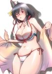  bare_shoulders bikini bikini_top black_hair blush breasts cleavage commentary_request embarrassed hair_ornament kantai_collection large_breasts looking_at_viewer mokerou navel open_mouth red_eyes sarong sarong_removed shadow short_hair side-tie_bikini solo swimsuit white_background white_bikini yamashiro_(kantai_collection) 