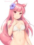  1girl animal_ear_fluff animal_ears bangs bikini blush breasts closed_mouth collarbone eyebrows_visible_through_hair finger_to_face flower fox_ears fox_girl fox_tail frilled_bikini_top frills hair_flower hair_ornament head_tilt index_finger_raised long_hair looking_at_viewer navel original pink_hair red_eyes sasaame shiny shiny_hair shiny_skin simple_background small_breasts solo swimsuit tail twitter_username upper_body white_background 