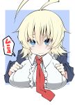  absurdres ahoge blazblue blonde_hair blue_eyes blush breasts commentary_request dress es_(xblaze) hair_between_eyes highres huge_ahoge large_breasts long_hair long_sleeves looking_at_viewer necktie sakakiba_misogi solo xblaze xblaze_code:_embryo 