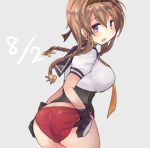  ass black_gloves black_sailor_collar blush braid breasts commentary_request corset dated from_behind gloves grey_background grey_eyes hair_between_eyes hair_ornament headband hirune_(konekonelkk) kantai_collection large_breasts leaning_forward light_brown_hair long_hair looking_back no_pants open_mouth panties panties_day propeller_hair_ornament red_panties sailor_collar short_sleeves simple_background single_horizontal_stripe solo standing teruzuki_(kantai_collection) twin_braids two-tone_gloves underbust underwear white_gloves 