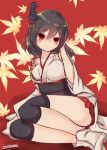  black_hair blush breasts detached_sleeves hair_between_eyes hair_ornament hand_in_hair head_tilt highres kantai_collection knee_pads leaf leaf_background light_smile looking_at_viewer maple_leaf medium_breasts momiji_(103) nontraditional_miko red_eyes red_skirt short_hair skirt socks solo tassel yamashiro_(kantai_collection) 