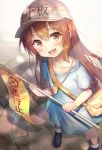  :d black_footwear blue_shirt boots brown_eyes brown_hair commentary_request flag from_above hat hataraku_saibou highres kyubi long_hair looking_up open_mouth platelet_(hataraku_saibou) shirt smile solo whistle 