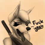  2018 aira an_ancient anthro canine clothed clothing dog english_text female fur hair husky katana mammal melee_weapon open_mouth profanity simple_bacground sketch smile solo sword text weapon wolf yellow_eyes 