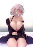  ahoge bangs biting black_dress black_panties blue_coat blush breasts coat collarbone commentary dress embarrassed fate/grand_order fate_(series) fur-trimmed_coat fur_trim hair_between_eyes highres hips huge_breasts jeanne_d'arc_(alter)_(fate) jeanne_d'arc_(fate)_(all) jewelry lip_biting looking_to_the_side necklace off_shoulder on_bed panties short_dress short_hair silver_hair sitting solo strap_slip thighs try underwear undressing upskirt wicked_dragon_witch_ver._shinjuku_1999 yellow_eyes zipper 