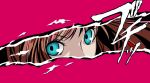  a.i._channel absurdres blue_eyes brown_hair commentary_request highres kizuna_ai kuze_arisa looking_at_viewer multicolored_hair parody persona persona_5 persona_eyes pink_hair red_background streaked_hair virtual_youtuber 