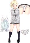  babydoll blonde_hair blue_eyes cardigan dress_shirt elf fang hair_ornament hairclip highres loafers long_hair looking_at_viewer necktie open_mouth original panties pikacchi pointy_ears ponytail school_uniform shirt shoes skirt smile solo sweater thighs underwear uniform white_panties 