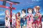  :d absurdres black_hair blue_eyes brown_eyes brown_hair flower furisode hair_flower hair_ornament high_school_fleet highres irizaki_mei japanese_clothes kanzashi kimono misaki_akeno mount_fuji mountain multiple_girls munetani_mashiro new_year nosa_kouko official_art open_mouth ponytail scan shiretoko_rin smile snow tateishi_shima torii tsumami_kanzashi twintails water white_hair winter 