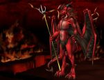  anthro claws clothed clothing demon dragon fire hell horn loincloth melee_weapon nude polearm scalie solo spear topless weapon weisswinddragon wings 
