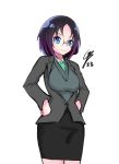  black_hair black_skirt blue_eyes blue_neckwear blush breasts cardigan dragon_girl elma_(maidragon) eyebrows_visible_through_hair glasses gradient_hair grey_cardigan grey_jacket jacket kobayashi-san_chi_no_maidragon large_breasts long_sleeves looking_at_viewer multicolored_hair necktie purple_hair shirt short_hair signature simple_background skirt smile solo superman3go white_background white_shirt 