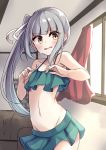  bikini blush book breasts collarbone commentary_request eyebrows_visible_through_hair green_bikini grey_hair groin highres indoors kantai_collection kasumi_(kantai_collection) long_hair looking_at_viewer navel open_mouth room side_ponytail small_breasts solo soramuko sweat sweatdrop swimsuit window yellow_eyes 
