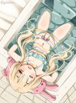 bare_legs bare_shoulders bathtub blonde_hair futaba_anzu highres idolmaster idolmaster_cinderella_girls low_twintails navel one_eye_closed open_mouth partially_submerged sogabe_toshinori solo swimsuit twintails water yellow_eyes 