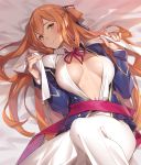  bangs bed_sheet blazer blush breasts breasts_apart brown_hair closed_mouth collared_shirt commentary_request girls_frontline green_eyes hair_between_eyes hair_ribbon hair_rings head_tilt jacket knee_up large_breasts long_hair long_sleeves looking_at_viewer lying m1903_springfield_(girls_frontline) neck_ribbon no_bra on_back open_mouth partially_undressed pop_kyun ribbon shirt sidelocks smile solo 