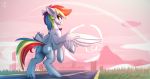  2018 ambiguous_gender butt cutie_mark digital_media_(artwork) equine feathered_wings feathers friendship_is_magic fur hair hi_res hooves justafallingstar mammal multicolored_hair multicolored_tail my_little_pony outside pegasus rainbow_dash_(mlp) rainbow_hair rainbow_tail solo wings 