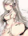  :o alternate_costume armlet ascot ass azur_lane bangs bikini black_bikini blush breasts butterfly_hair_ornament commentary_request dunkerque_(azur_lane) earrings eyebrows_visible_through_hair eyes_visible_through_hair grey_hair groin hair_ornament jewelry kyuumoto_kuku large_breasts long_hair looking_at_viewer nail_polish open_mouth pink_eyes red_nails shoulder_blades sidelocks signature silver_trim solo swimsuit tattoo tearing_up thighlet thighs very_long_hair 