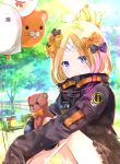  abigail_williams_(fate/grand_order) balloon bangs bench black_bow black_jacket blonde_hair blue_eyes blurry blurry_background blush bow closed_mouth commentary_request day depth_of_field eyebrows_visible_through_hair fate/grand_order fate_(series) hair_bow hair_bun heroic_spirit_traveling_outfit highres iroha_(shiki) jacket long_hair long_sleeves object_hug orange_bow outdoors park_bench parted_bangs polka_dot polka_dot_bow sitting sleeves_past_fingers sleeves_past_wrists smile solo stuffed_animal stuffed_toy teddy_bear tree 