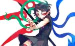  asymmetrical_wings black_dress black_hair dress fang houjuu_nue looking_at_viewer meimaru_inuchiyo outstretched_arm pointy_ears red_eyes short_hair slit_pupils smile snake solo touhou white_background wings 