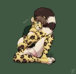  2018 balls black_nose brown_hair cheetah claws clothing cuddling_tail eyebrows feline flaccid fur hair hug hybrid korben_brandis leopard looking_at_viewer male mammal penis purring shirt shy simple_background snow_leopard spots spotted_fur t-shirt tail_hug thelupinprincess toe_claws white_fur 