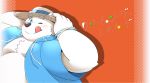  12beat13 2018 anthro bear blush clothed clothing fur hat japanese_text male mammal one_eye_closed open_shirt overweight overweight_male polar_bear shirane_kan shirt solo text tongue tongue_out white_fur wink 