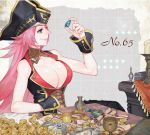  bare_shoulders black_hat blue_eyes bracelet breasts cleavage coin commentary_request detached_collar fate/grand_order fate_(series) francis_drake_(fate) gem gold hat jewelry large_breasts long_hair looking_to_the_side pink_hair pink_lips pirate_hat sara_(kurome1127) scar smile treasure treasure_chest wrist_cuffs 