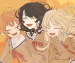  ahoge arm_around_back bang_dream! black_hair blonde_hair closed_eyes eogo_(mopidona) fang hanasakigawa_school_uniform happy kitazawa_hagumi long_hair multiple_girls okusawa_misaki open_mouth orange_background orange_hair sailor_collar school_uniform short_hair smile tsurumaki_kokoro 