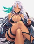  azur_lane baggy_clothes bangs bare_shoulders bikini_top black_jacket breasts brown_eyes choker cleavage closed_mouth collarbone commentary crossed_legs eyebrows_visible_through_hair grey_background highres holding_feather jacket large_breasts light_smile long_hair long_sleeves looking_at_viewer massachusetts_(azur_lane) multicolored_hair native_american navel off_shoulder open_clothes open_jacket sidelocks silver_hair simple_background sitting skindentation solo swimsuit swimsuit_under_clothes tan thigh_strap unzipped yuko_(uc_yuk) zipper 