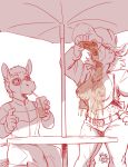  2018 anthro breasts clothing drinking duo equine eyewear female horse hyena jacket male mammal messy monochrome nipples rick_griffin signature sketch sunglasses table umbrella wet_clothes 