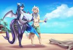  2018 5_fingers anthro beach big_breasts bikini blonde_hair blue_eyes blue_hair blush breasts camel_toe canine chest_tuft clothed clothing countershade_face countershade_tail countershade_torso countershading digital_drawing_(artwork) digital_media_(artwork) dog dog_tail dragon duo eyebrows eyebrows_visible_through_hair eyelashes female fin fish fur hair horn huge_breasts hybrid long_hair male mammal marine markings membranous_wings mleonheart navel open_mouth outside seaside shark shark_tail smile spread_wings standing swim_shorts swimsuit tattoo thick_thighs tongue tuft water white_countershading wide_hips wings 