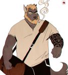  2018 5_fingers anthro bag beard blonde_hair canine cigarette clothed clothing facial_hair hair male mammal muscular muscular_male pants shirt simple_background smoke solo tattoo vetrowolf white_background wolf 