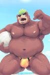  anthro armpit_hair ashigara bear belly belly_overhang big_belly body_hair bulge clothing green_hair hair male mammal mohawk musclegut navel nipples overweight overweight_male pecs slightly_chubby solo speedo sport swimsuit tokyo_afterschool_summoners viridianvariant volleyball 