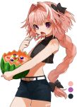  artist_name astolfo_(fate) bangs bare_arms bare_shoulders belt black_shirt blueberry braid cherry circle commentary_request cowboy_shot crop_top denim denim_shorts eyebrows_visible_through_hair fang fate/grand_order fate_(series) food fruit gotoh510 hair_intakes hand_up highres holding holding_food holding_fruit holding_spoon long_braid long_hair looking_at_viewer male_focus midriff open_mouth otoko_no_ko pink_hair purple_eyes shirt short_shorts shorts signature single_braid sleeveless sleeveless_shirt solo spoon standing very_long_hair watermelon 