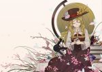  absurdres beige_background black_hat blonde_hair book book_stack closed_eyes commentary cross dolls_in_pseudo_paradise flower globe hat hat_flower highres hourai_doll jacket_girl_(dipp) kasoku_ac long_hair long_sleeves neck_ribbon red_neckwear ribbon touhou 