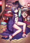  :p alcohol apple barefoot bikini black_bikini bottle breasts commentary cup fate/grand_order fate_(series) feet food fruit full_moon grapes hair_ornament highres horns japanese_clothes kimono lantern legs long_legs micro_bikini moon navel night off_shoulder oni open_clothes open_kimono purple_eyes purple_hair raizen_(jung_0000) sakazuki sake short_hair shuten_douji_(fate/grand_order) sitting small_breasts smile soles solo swimsuit toes tongue tongue_out 