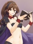  alternate_costume book breasts brown_hair cape gloves highres jewelry long_hair looking_at_viewer navel octopath_traveler primrose_azelhart shikimiorange simple_background smile solo 